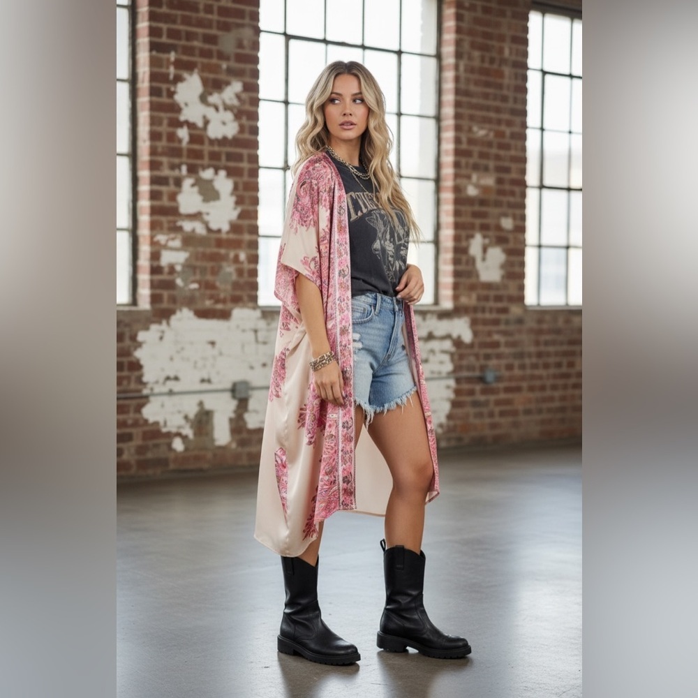 NWT UMGEE Floral Print Boho Silky Kimono Duster Coverup Cream - Picture 4 of 6